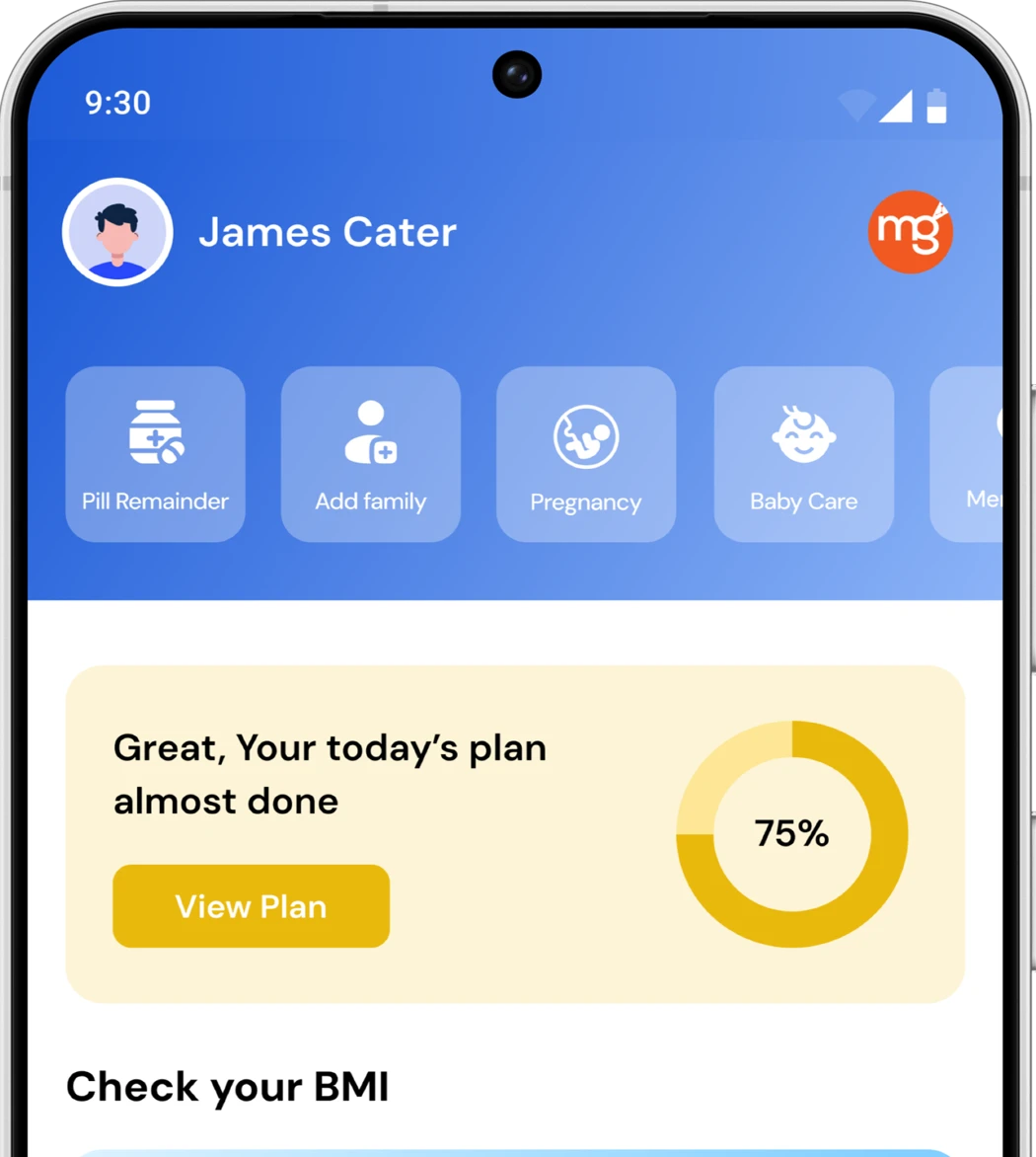 Official AroCord app home screen with pill reminders, family profiles, pregnancy, baby care and BMI tracking