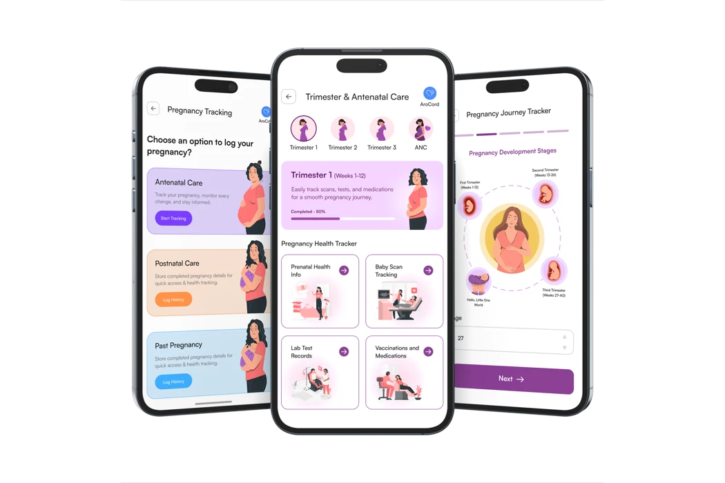 Official AroCord app screens for pregnancy stages, symptoms and baby development