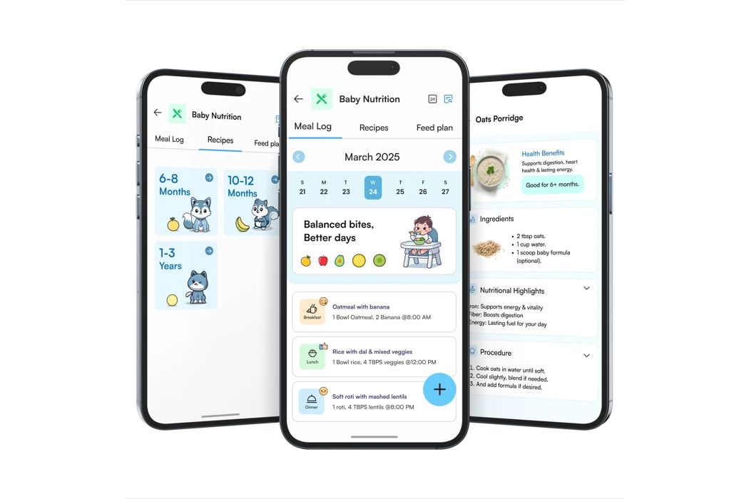Official AroCord app screens for baby nutrition, meal planning and food suggestions