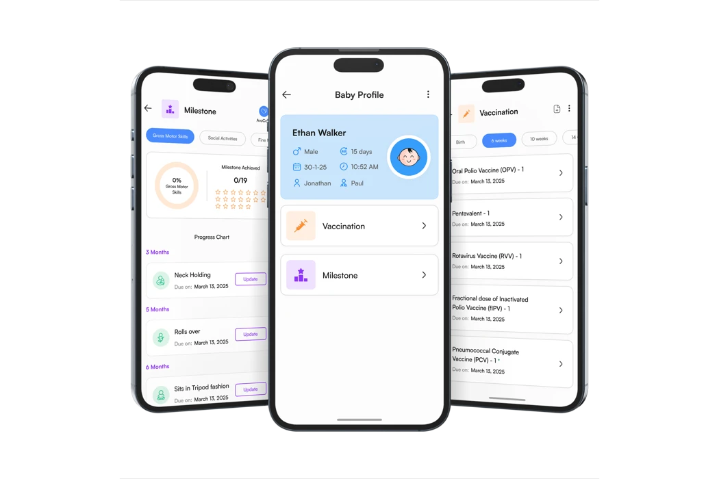 Official AroCord app screens for baby profiles, growth, milestones and vaccinations