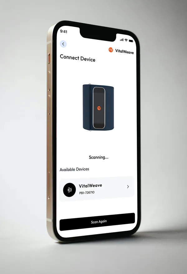 The VitalWeave app scanning for a device to connect