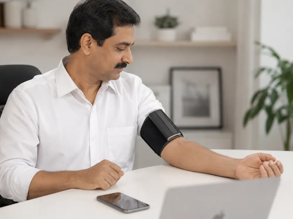 A man takes a blood pressure reading at his desk