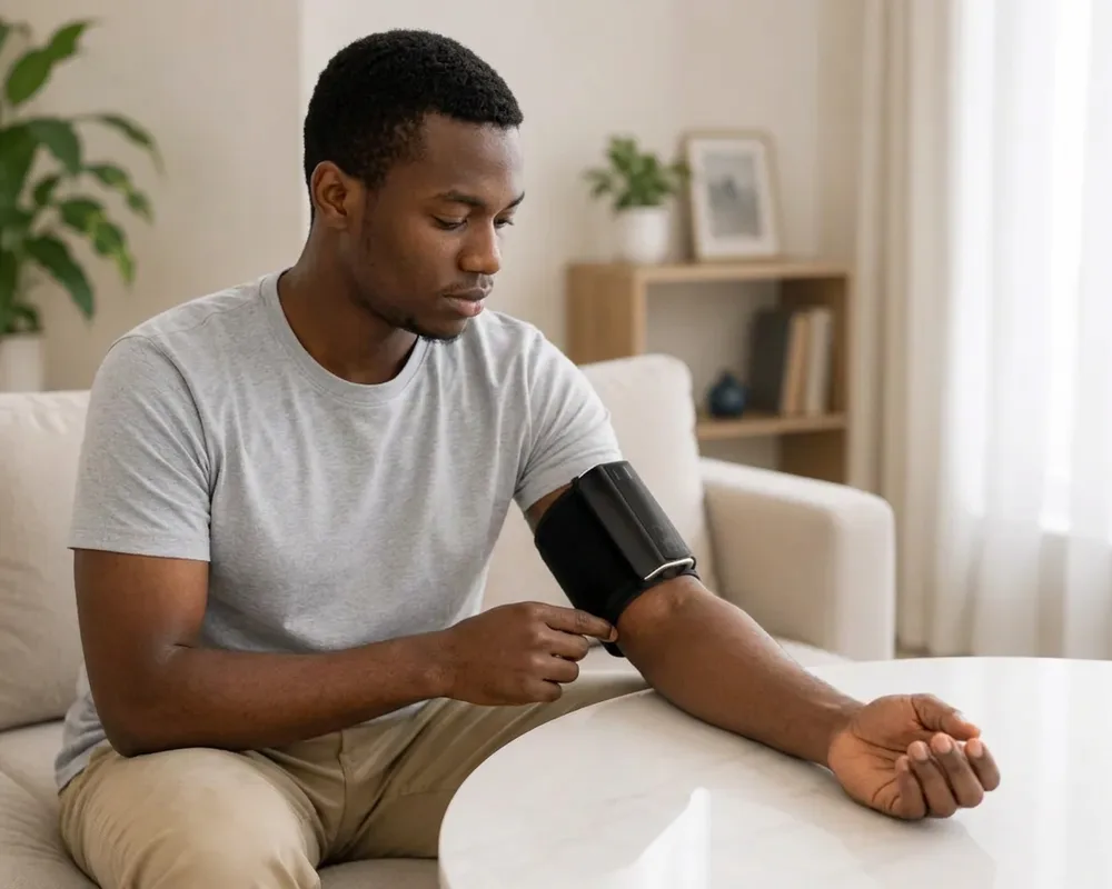 A young man checks his vitals at home