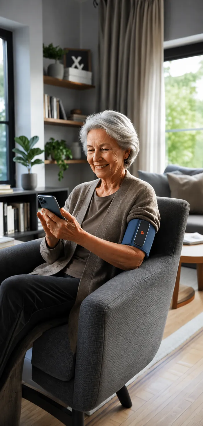 An older woman at home smiles at her phone while wearing VitalWeave
