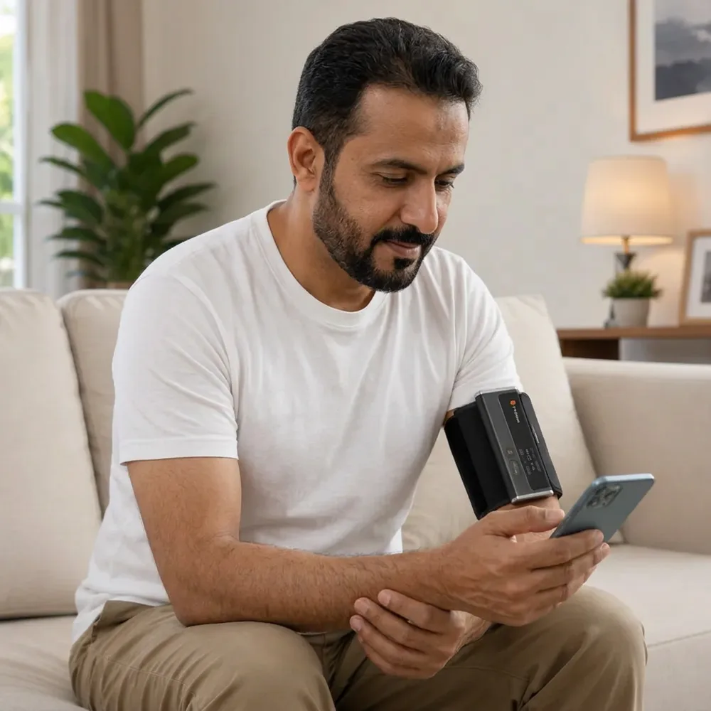 A man at home reads his blood pressure on his phone while wearing the VitalWeave BP2 cuff