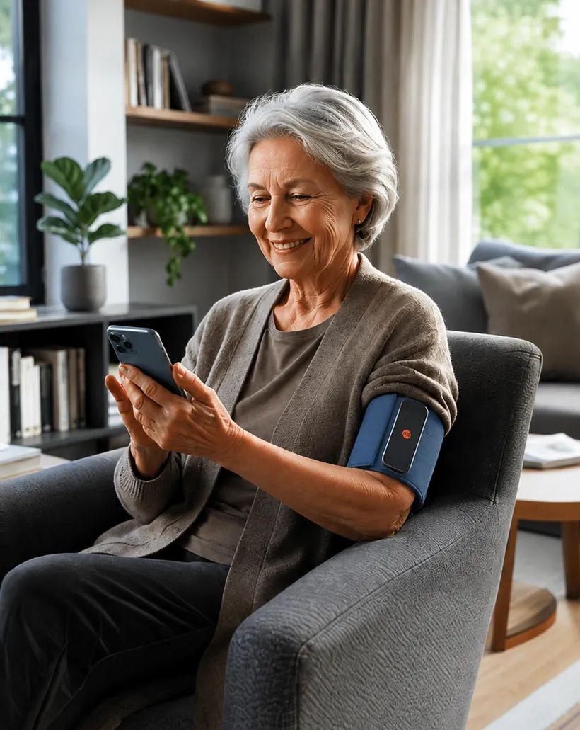 A smiling older woman at home checks her phone while wearing the VitalWeave band on her arm