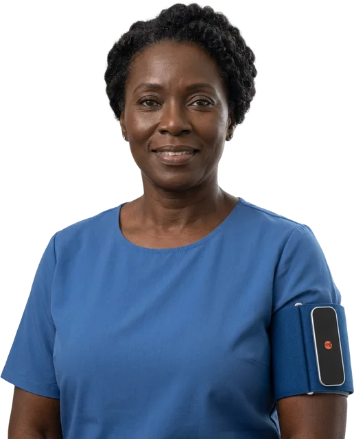 A woman wearing the VitalWeave band