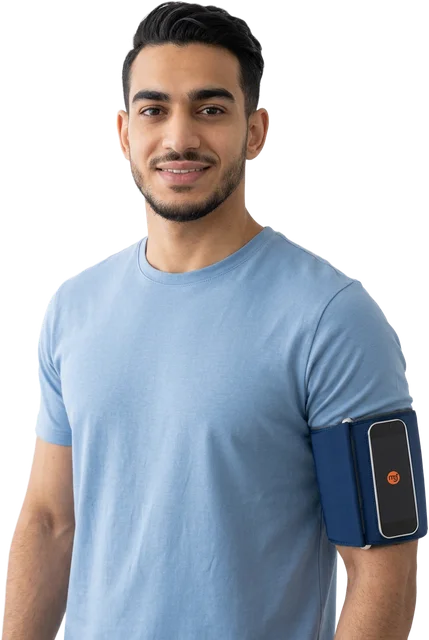 A young man wearing the VitalWeave band on his upper arm