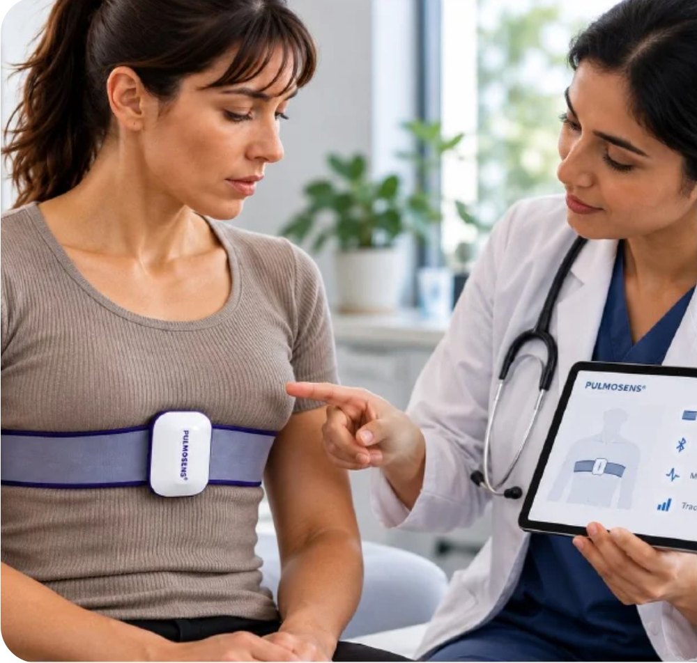 A clinician fits a PulmoSens respiratory sensor on a patient