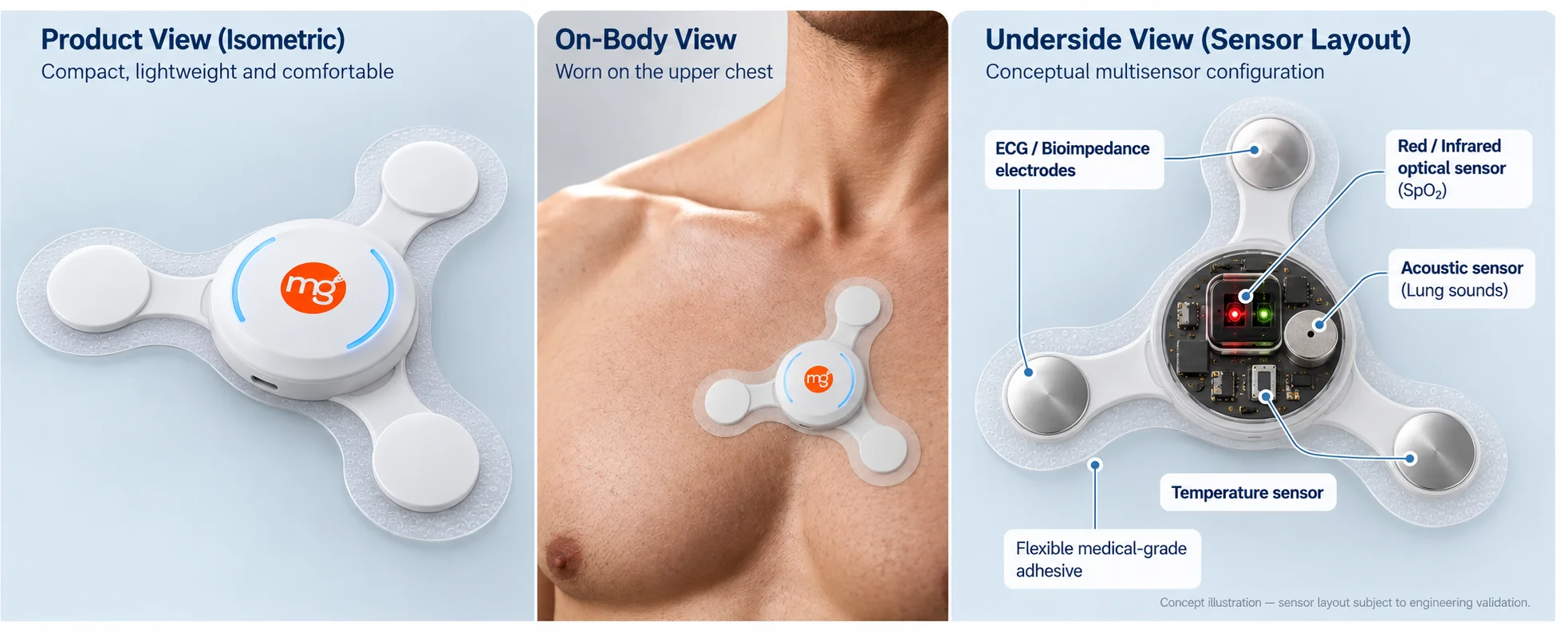PulmoSens sensor from three angles: product view, worn on the upper chest, and underside sensor layout