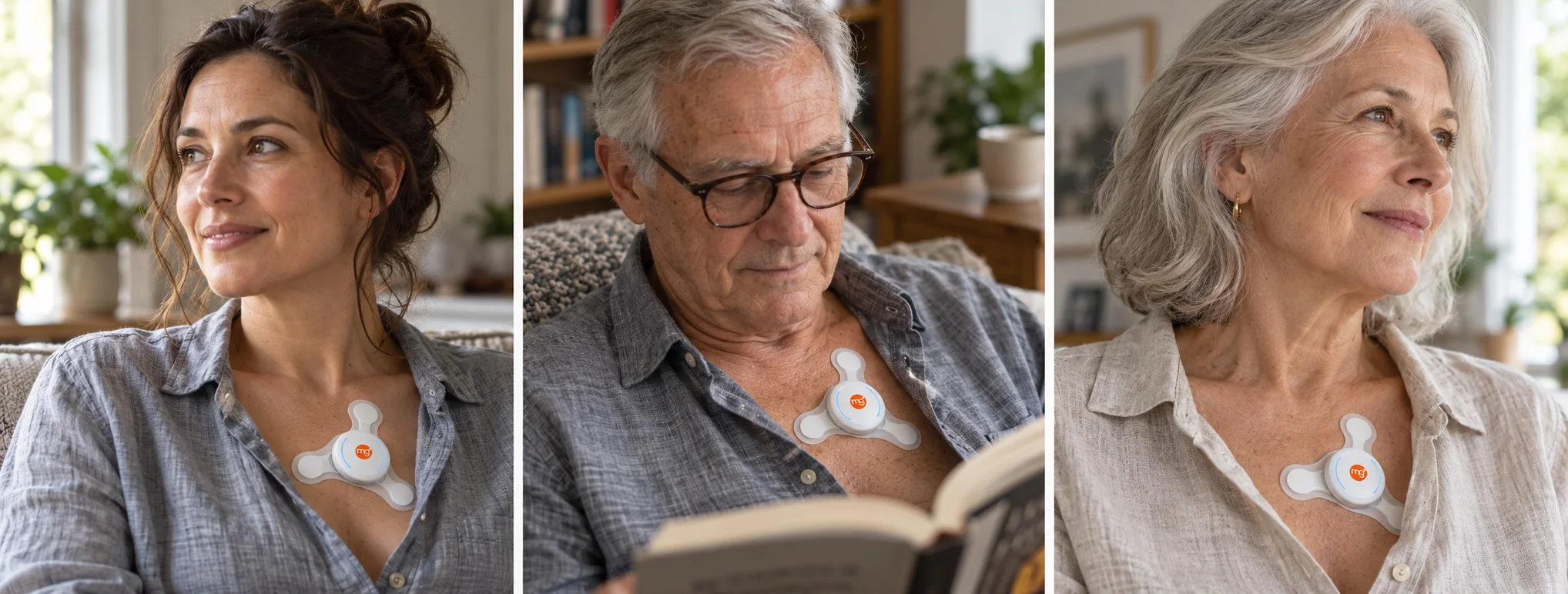 Three people at home wearing the PulmoSens chest patch
