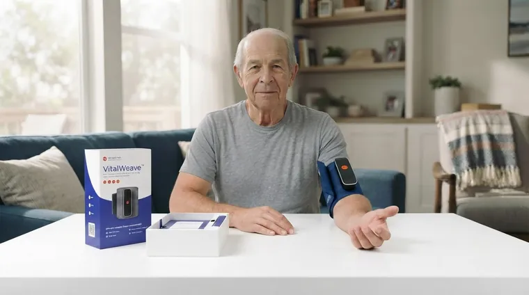 An older man at home with the VitalWeave box, wearing the band for the first time