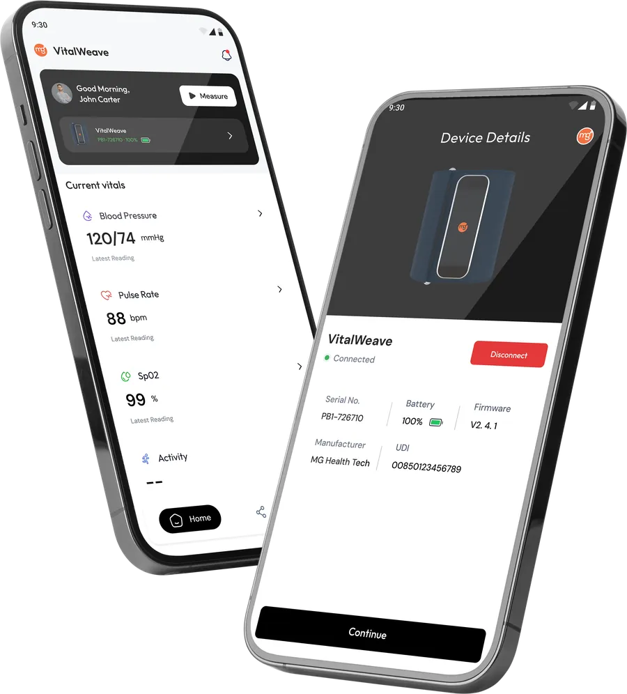 The VitalWeave app showing current vitals and device details