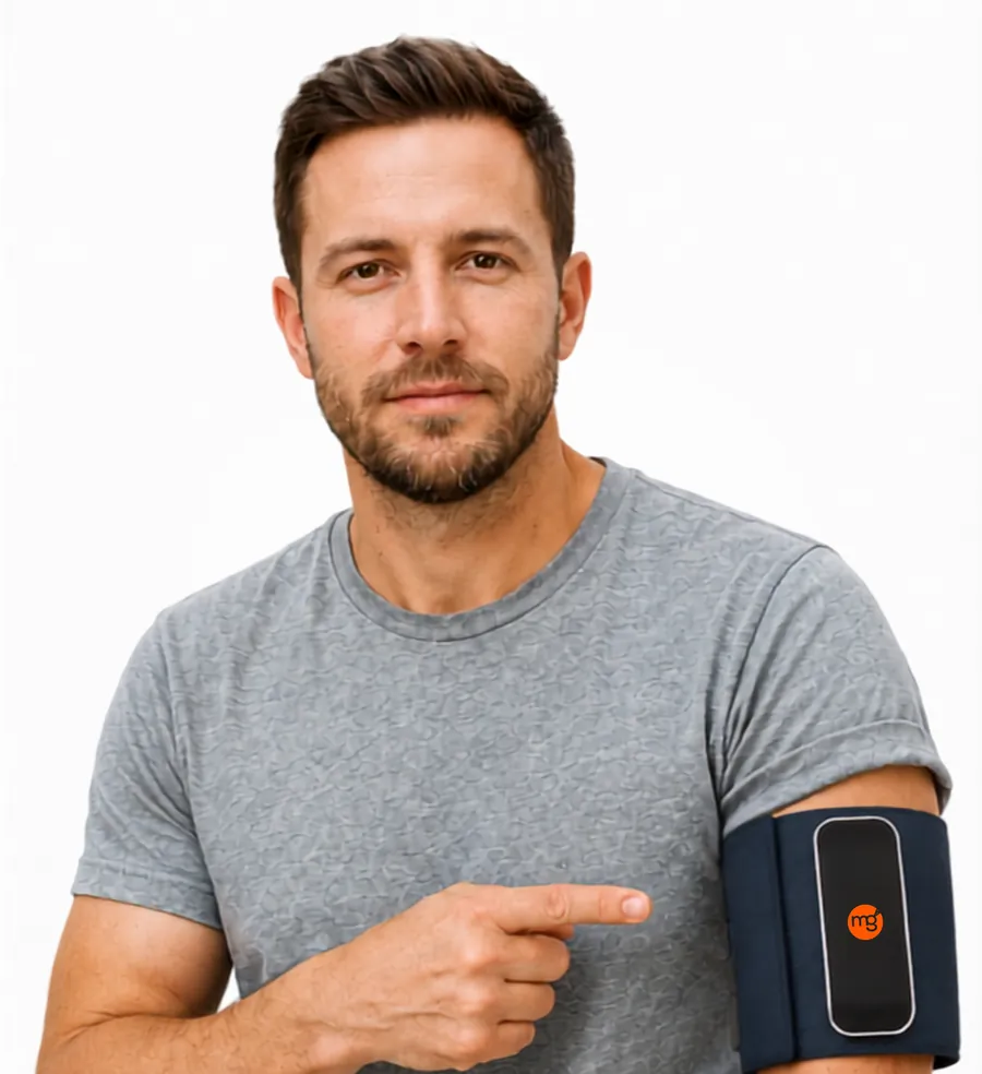 A man points to the VitalWeave band on his upper arm